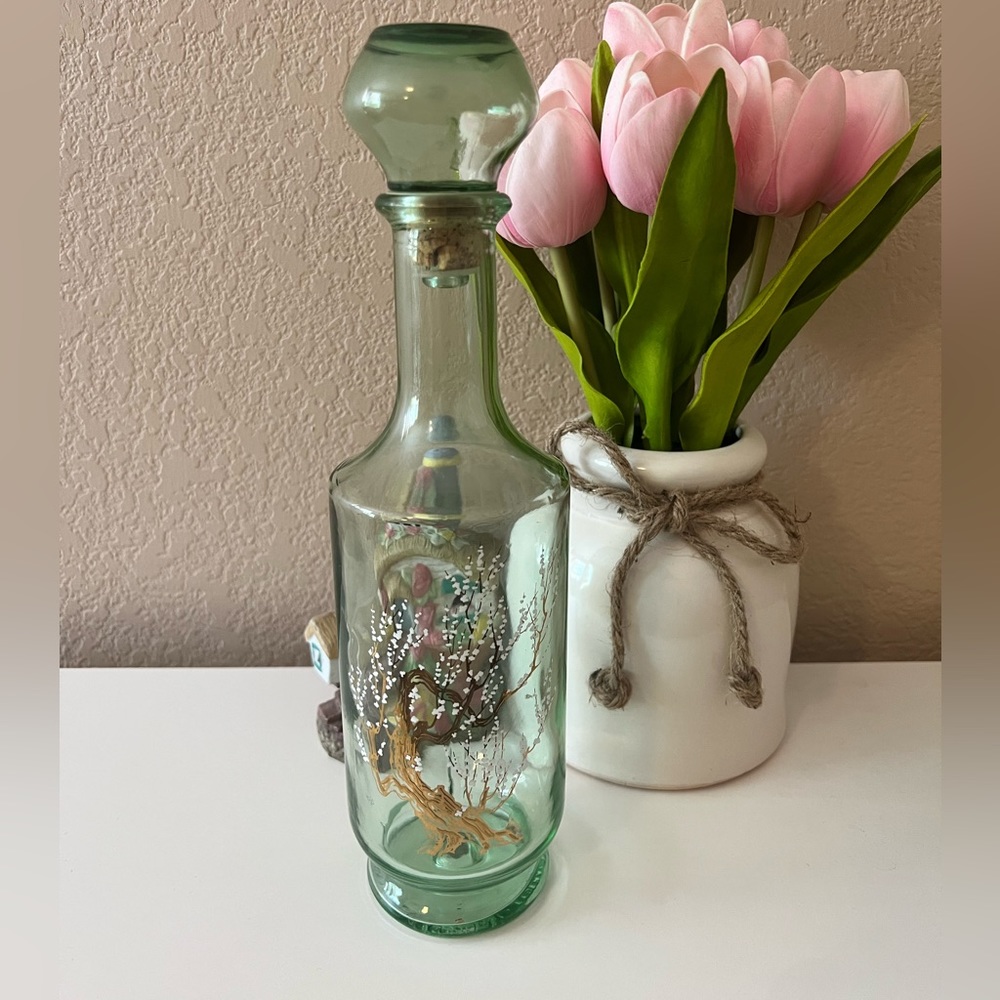 Vintage 1960's Green Glass Liquor Alcohol Decanter Gold Tree White Blossom